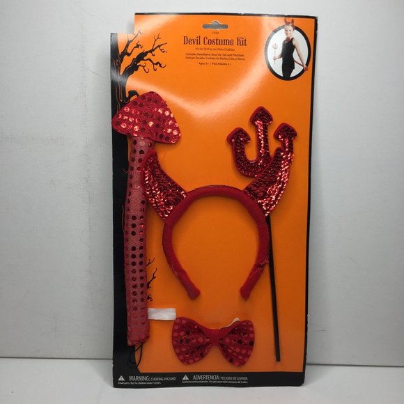 Halloween Child Red Devil Costume Kit Horns Headband Bow Tie Tail Pitchfork - Picture 1 of 5